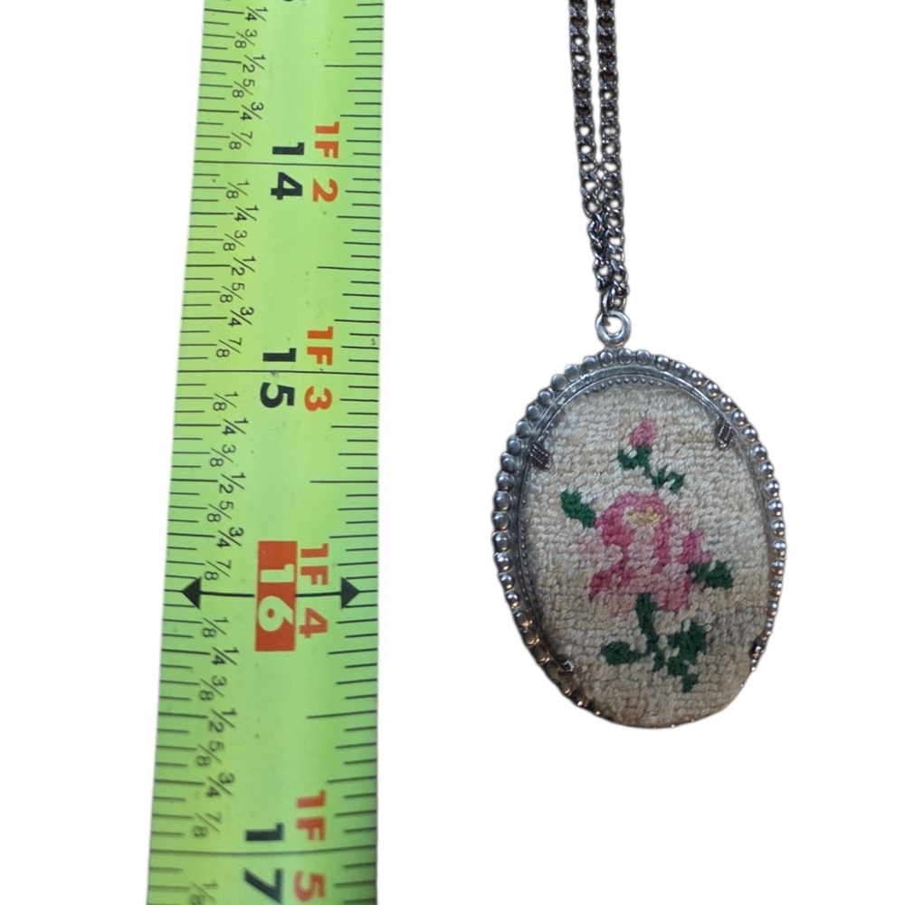 Vintage Petit Point Embroidery Pink Rose Flower & Greenery Silver Tone Pendant - Picture 8 of 8